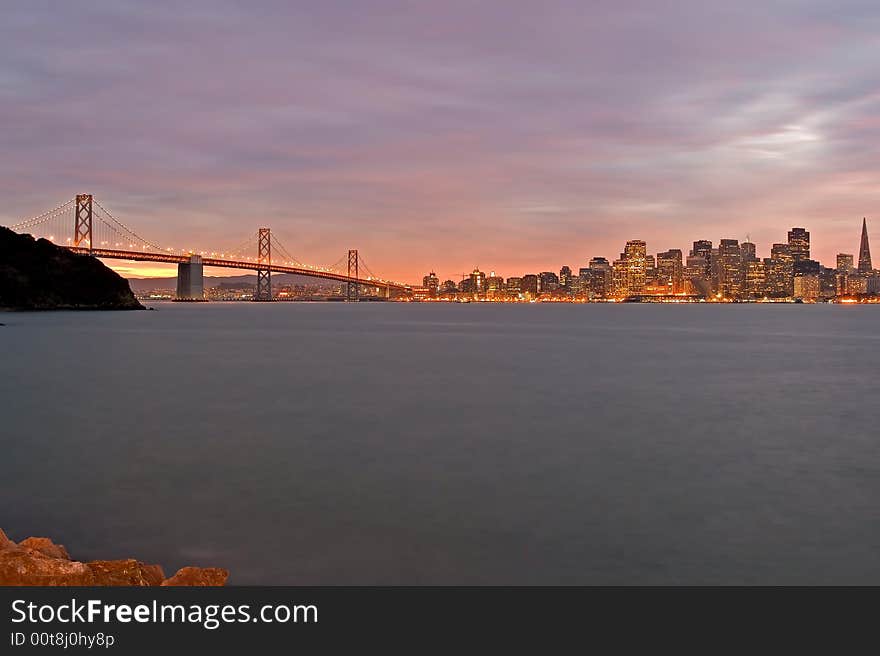 San Francisco and Bay Bridge at night