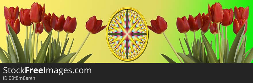 This banner has a background in yellow and green. On the left and on the right  are tulips in beautiful colors: red and a bit yellow. In the middle is a beautiful and unique decorated egg. This banner has a background in yellow and green. On the left and on the right  are tulips in beautiful colors: red and a bit yellow. In the middle is a beautiful and unique decorated egg.