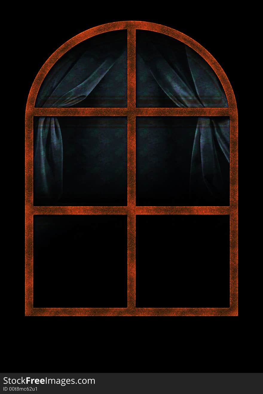 Illustrated ancient rusty window in black background, night view. Illustrated ancient rusty window in black background, night view