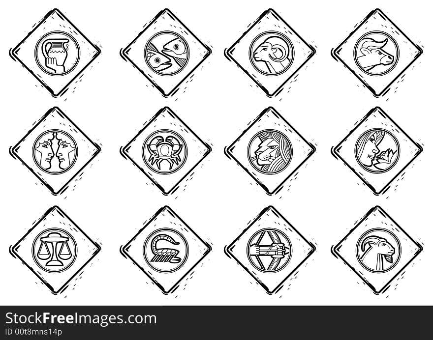 Grungy styled zodiac icons illustration, . Grungy styled zodiac icons illustration,