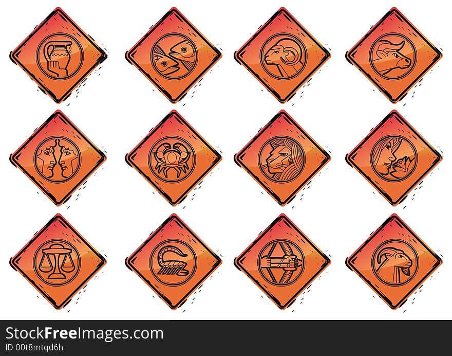 Grungy and web2 styled zodiac icons illustration, . Grungy and web2 styled zodiac icons illustration,