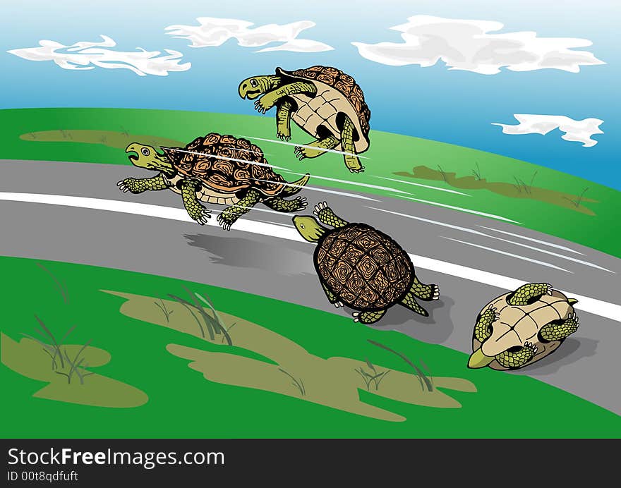 Here's depicted a race in a grotesque form among tortoises. Here's depicted a race in a grotesque form among tortoises.