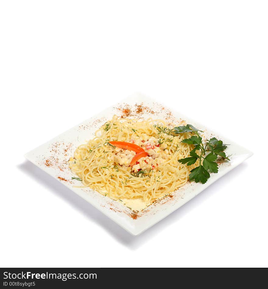 Spagetti in rectangular plate isolated on white