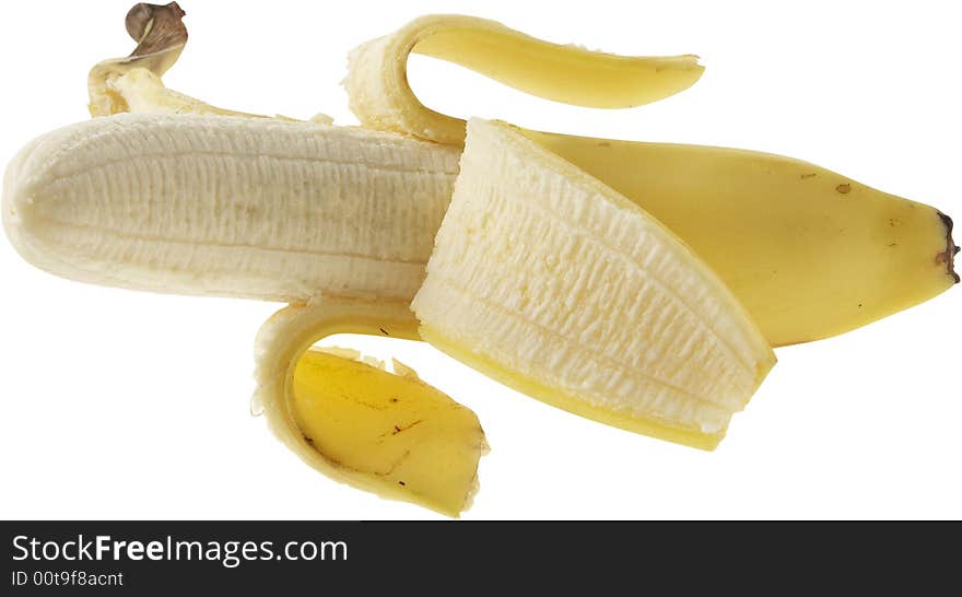 Peeled organic banana isolated on white