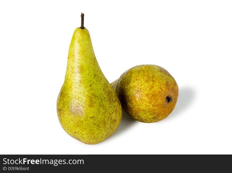 Two green sweet pears isolated on white