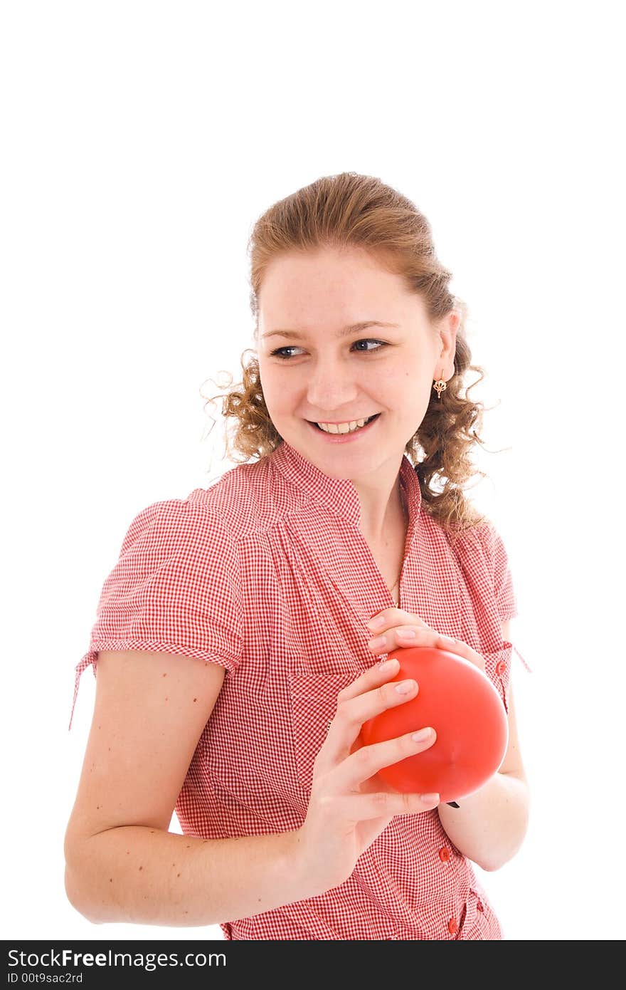 The young girl with the balloon isolated on the white background