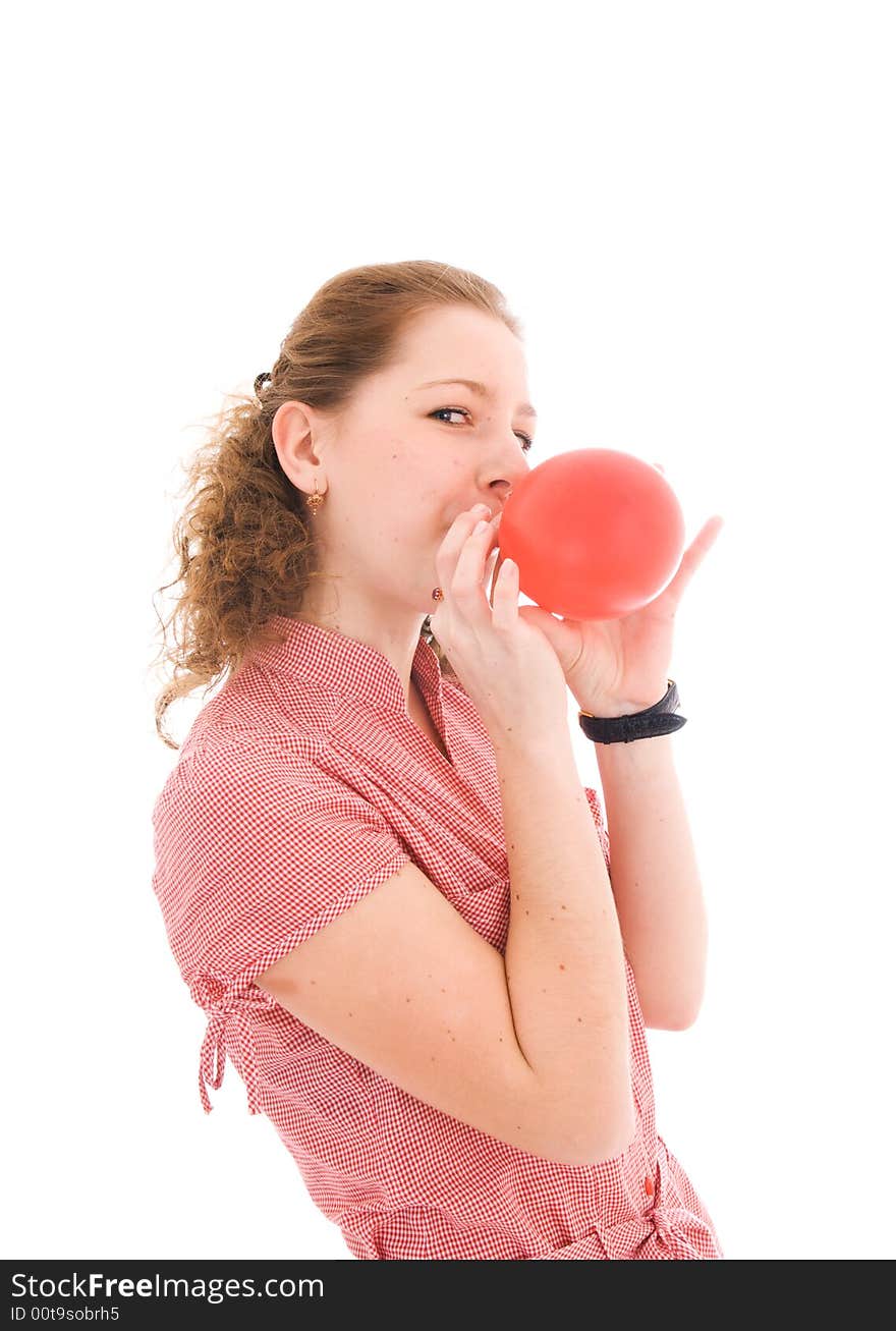 The young girl with the balloon isolated on the white background. The young girl with the balloon isolated on the white background