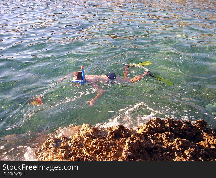 A snorkeling boy with net for take fish - in Croatia sea