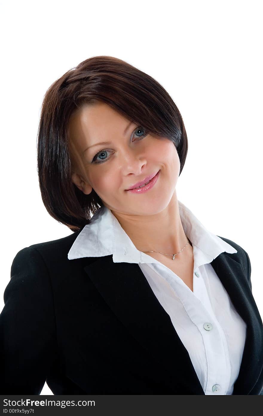 Portrait of the brunette with blue eye on  white background