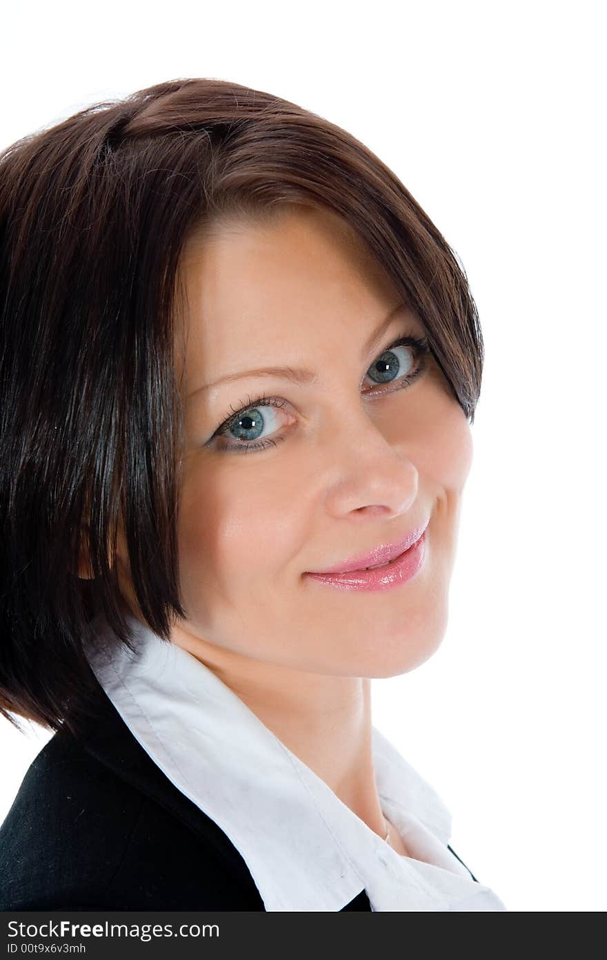 Portrait of the brunette with blue eye on  white background