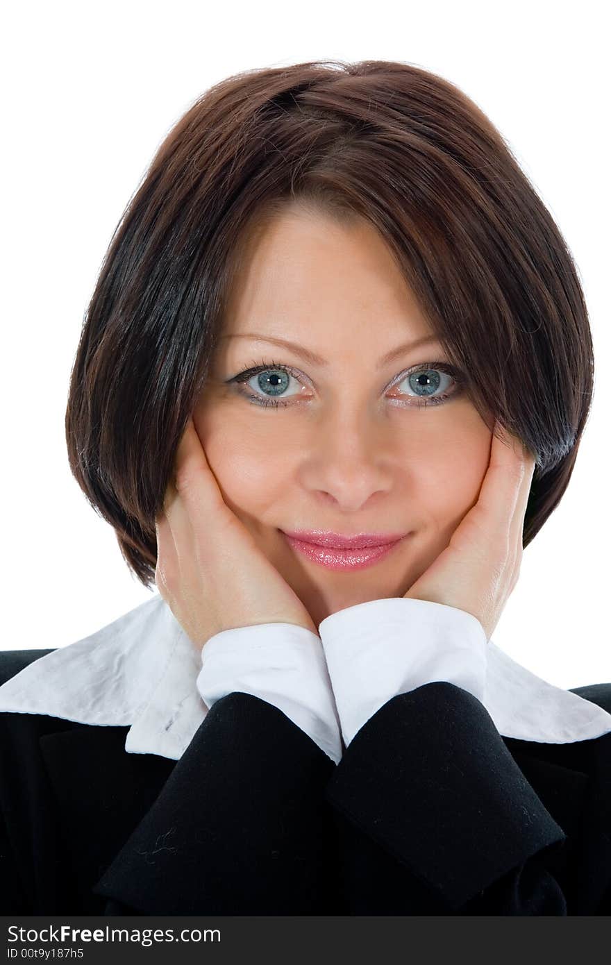 Portrait of the brunette with blue eye on  white background