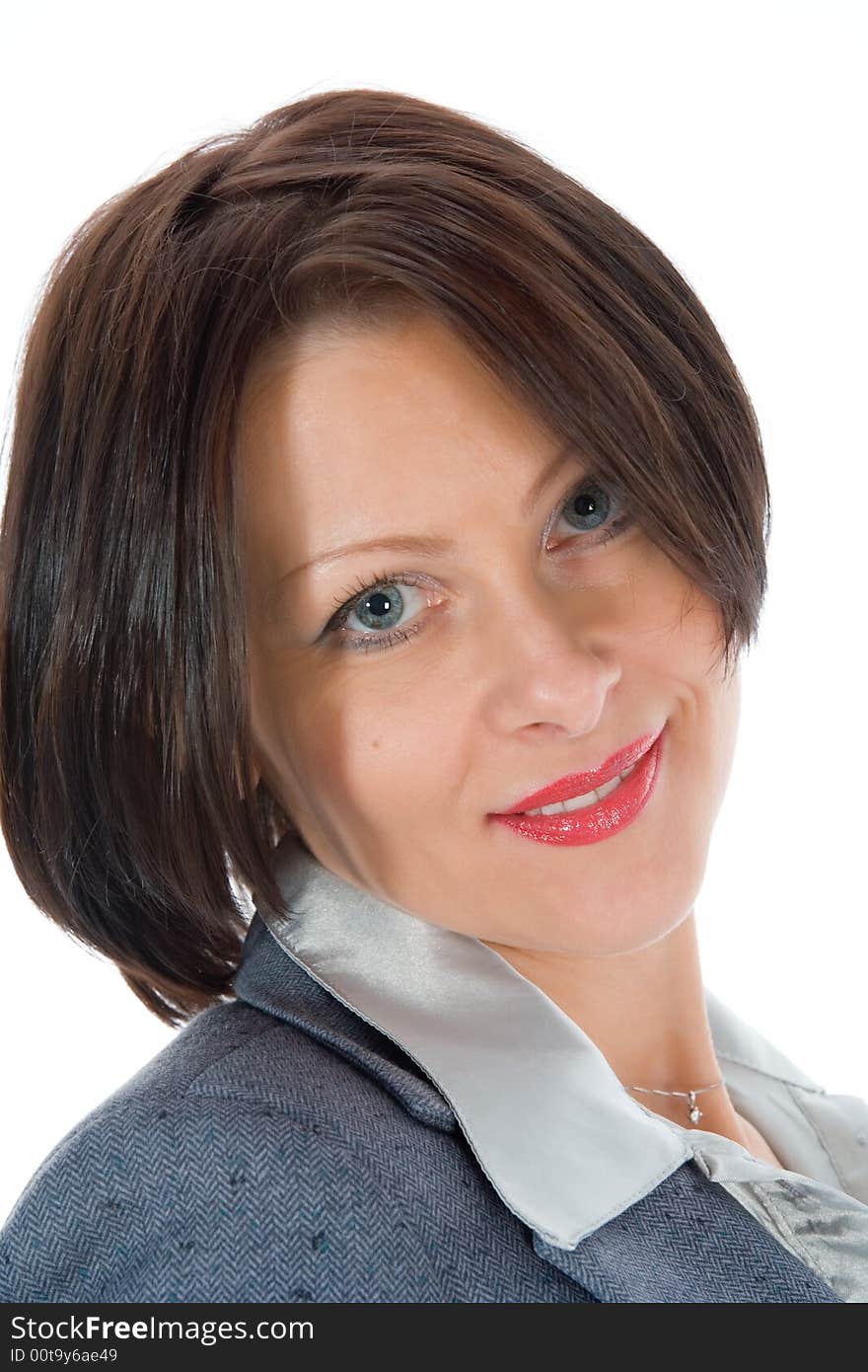 Portrait of the brunette with blue eye on  white background