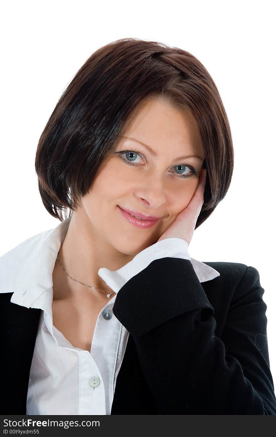 Portrait of the brunette with blue eye on white background