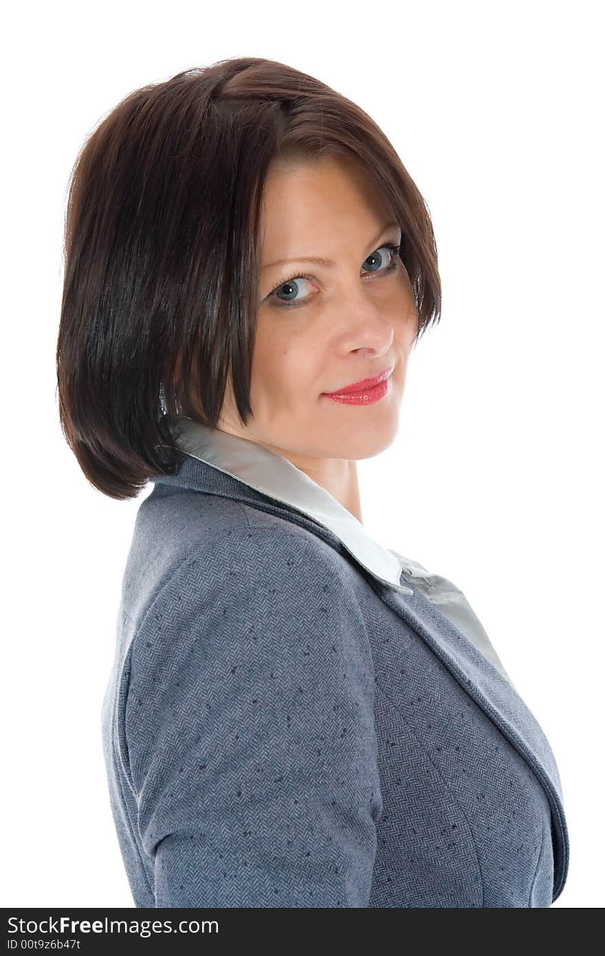 Portrait of the brunette with blue eye on  white background