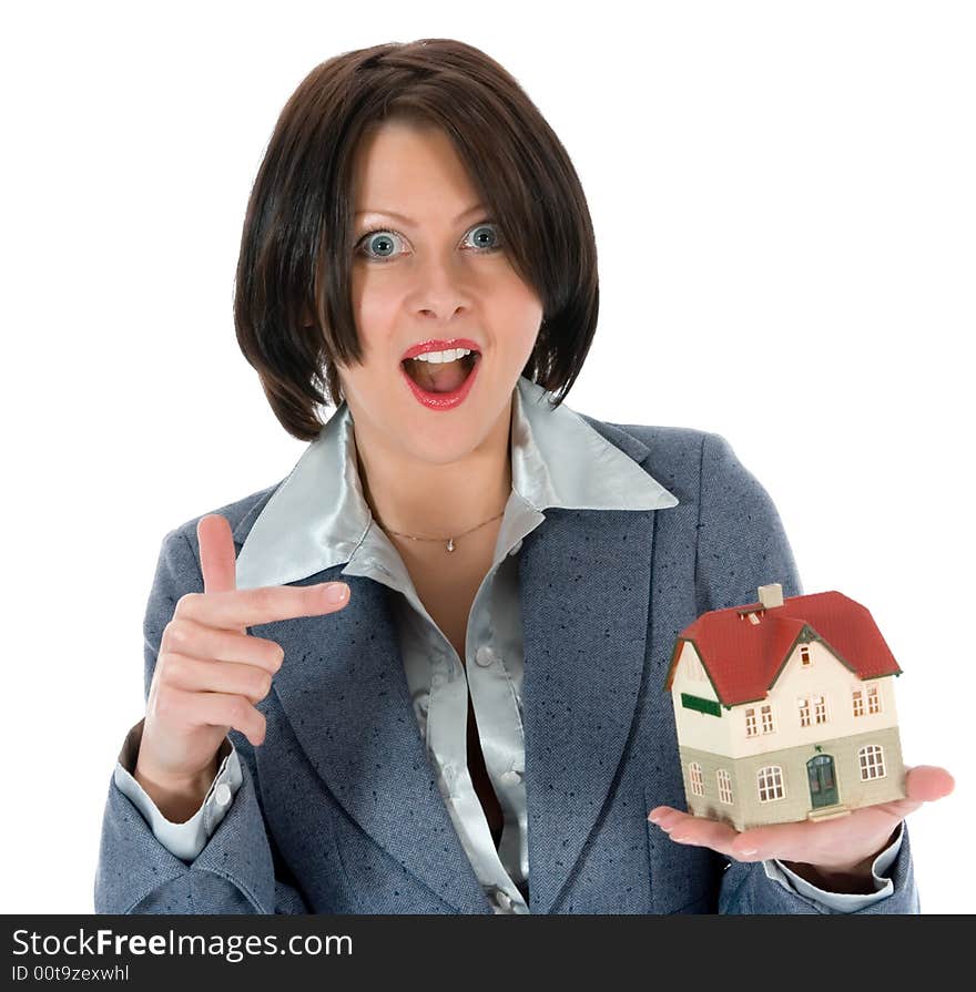 Business woman advertises real estate on white background