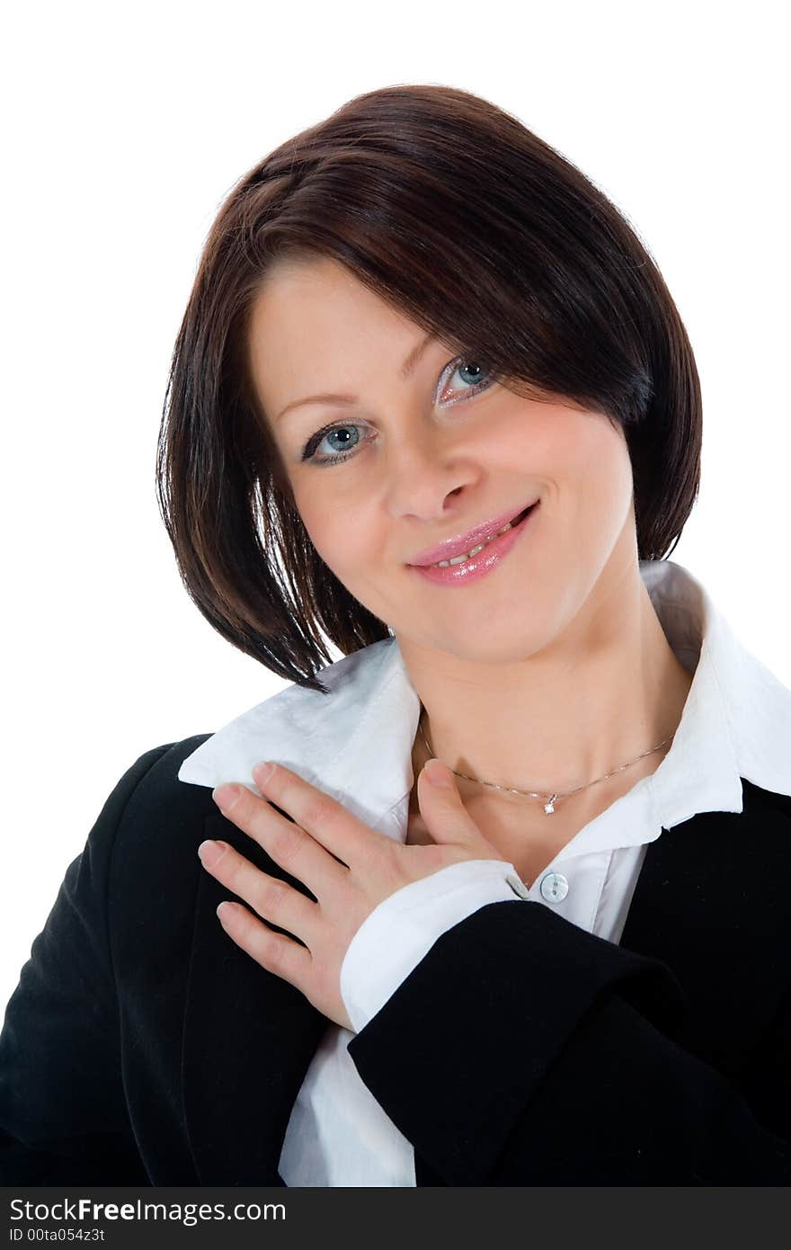 Portrait of the brunette with blue eye on  white background