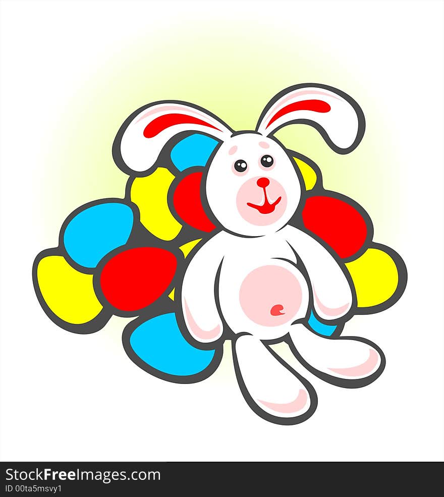 Cheerful  bunny and easter eggs  on a white background. Easter illustration.