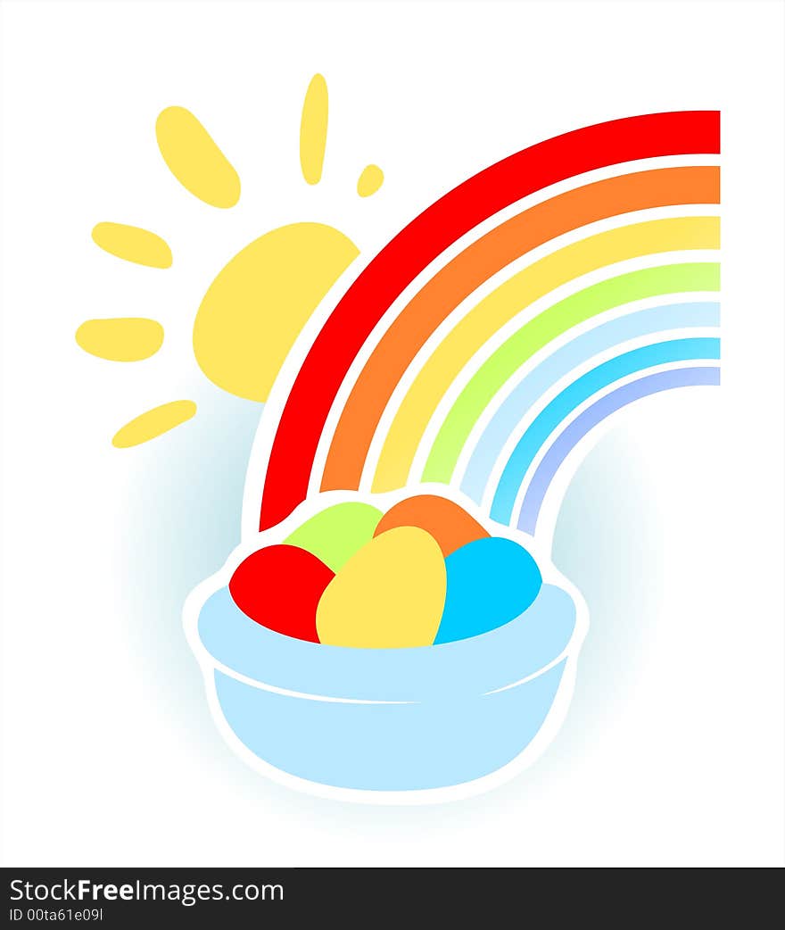 Rainbow and basket with easter eggs on a white background. Rainbow and basket with easter eggs on a white background.