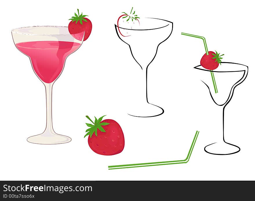 Drink glasses with strawberry and straw. Drink glasses with strawberry and straw.