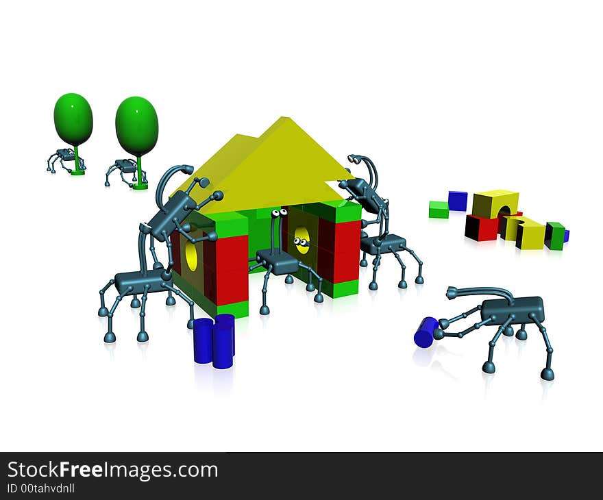 The robots build up the house. The robots build up the house