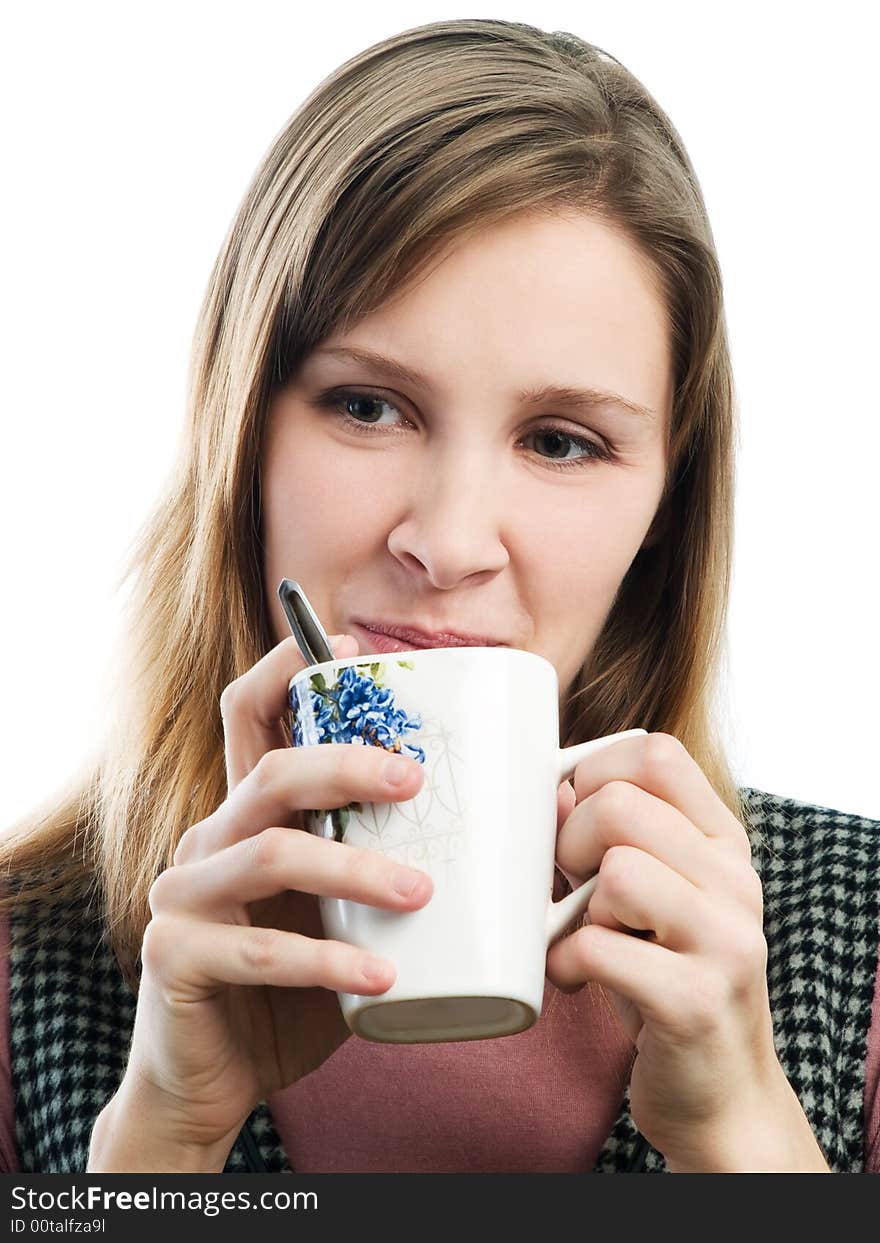 Girl with cup on white background