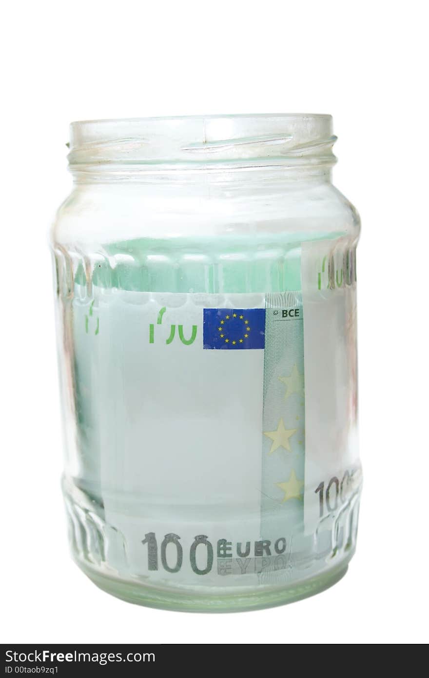 Some 100 euros banknotes in jar over white isolted background