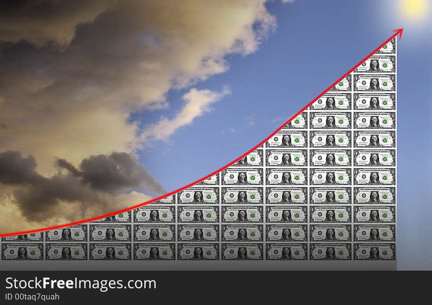 Illustration showing dollars supporting an up-warding red curve on a background part heavy cloudy and part blue and sunny. Illustration showing dollars supporting an up-warding red curve on a background part heavy cloudy and part blue and sunny.