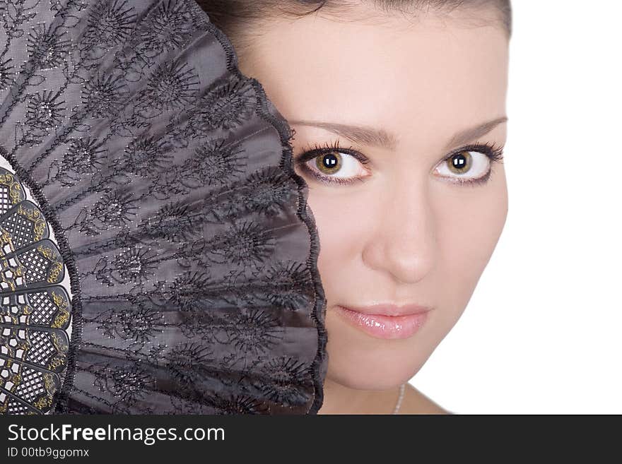 Cute brunette with fan on white background. Cute brunette with fan on white background