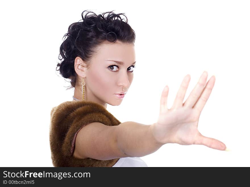 A portrait of cute brunette on white background. A portrait of cute brunette on white background