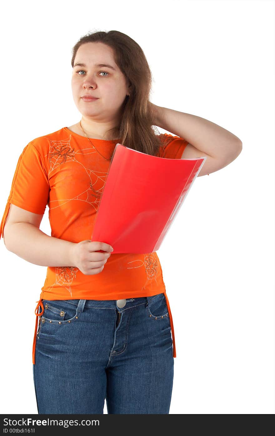 Girl with red folder touch hairs isolated on white