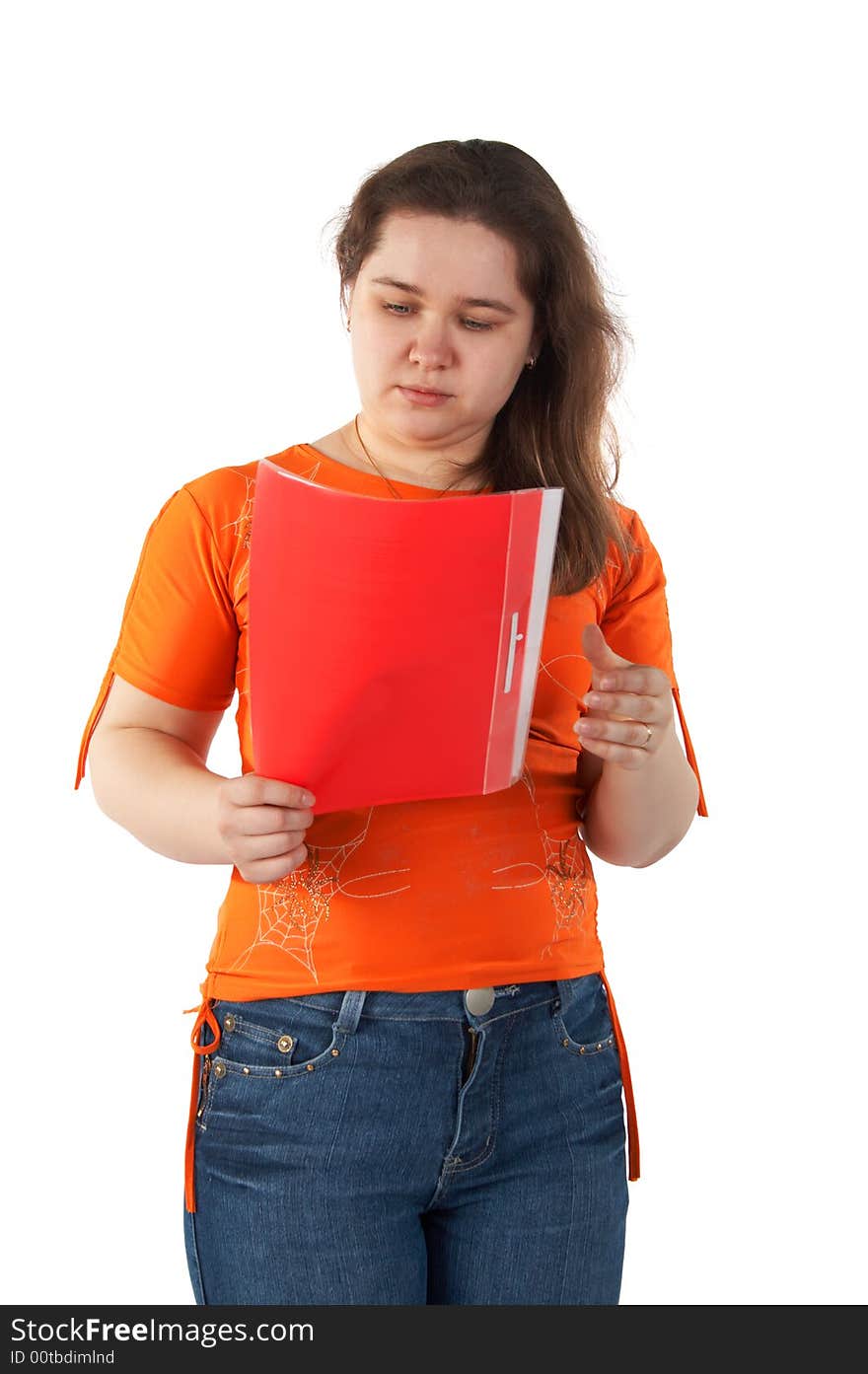 Girl look into red folder