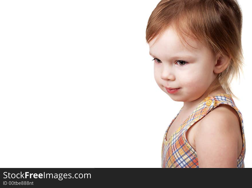 Portrait of beautiful happy little girl on white. Portrait of beautiful happy little girl on white