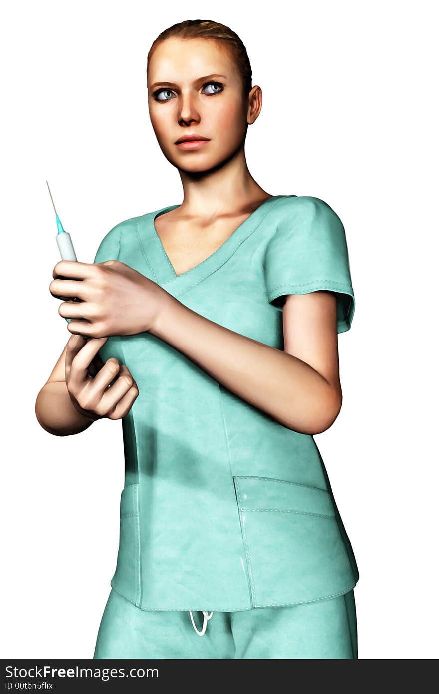 3d Female Nurse In Green Scrubs With Syringe