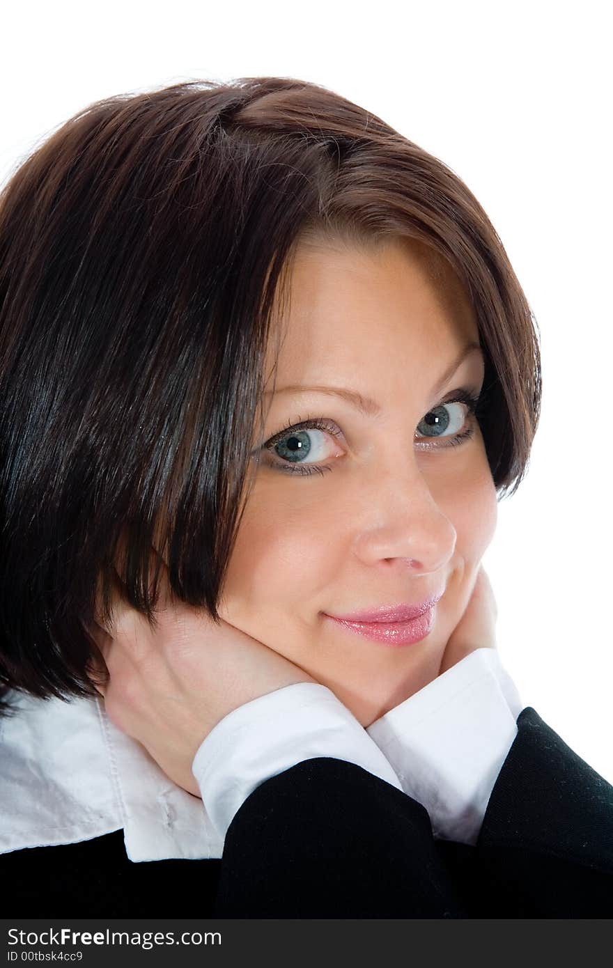 Portrait of the brunette with blue eye on  white background