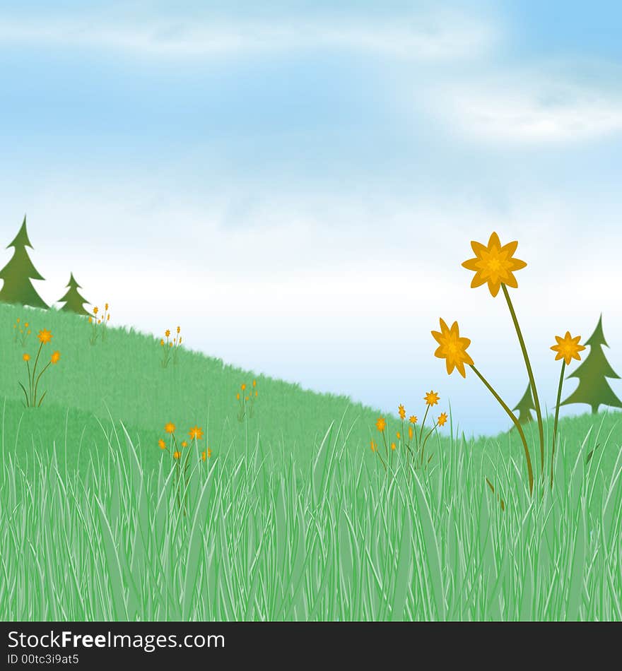 Grassy Meadow with spring daffodils illustration. Grassy Meadow with spring daffodils illustration