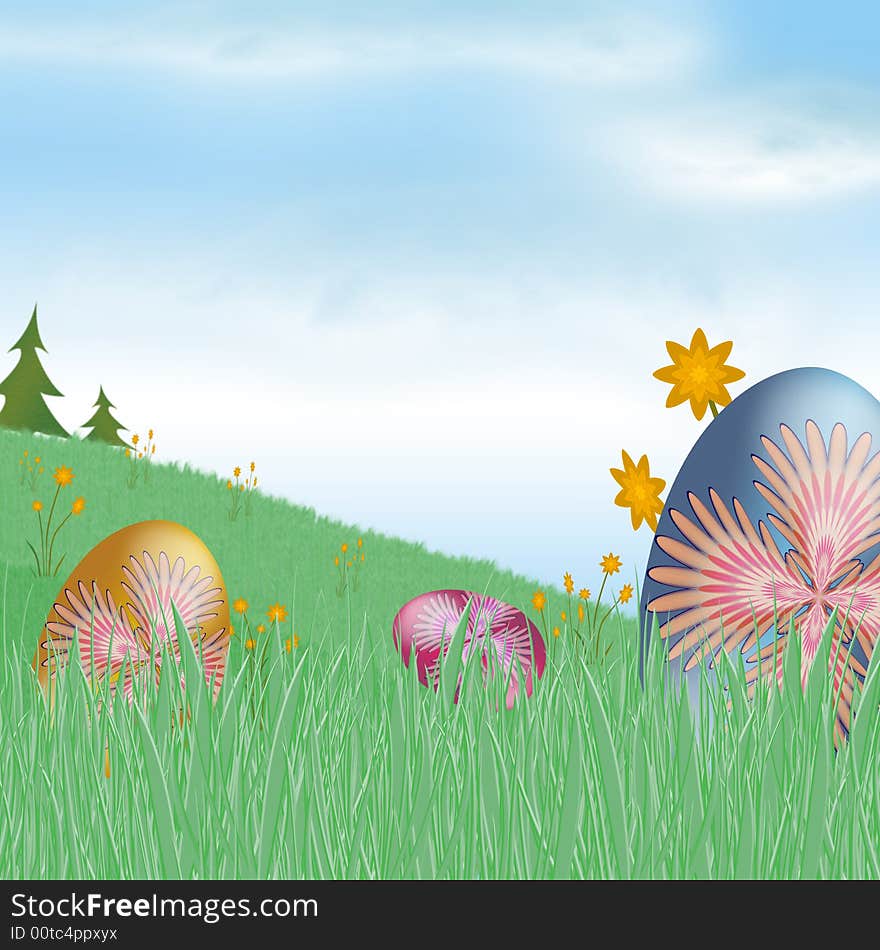 Grassy Meadow with spring daffodils and easter eggs illustration