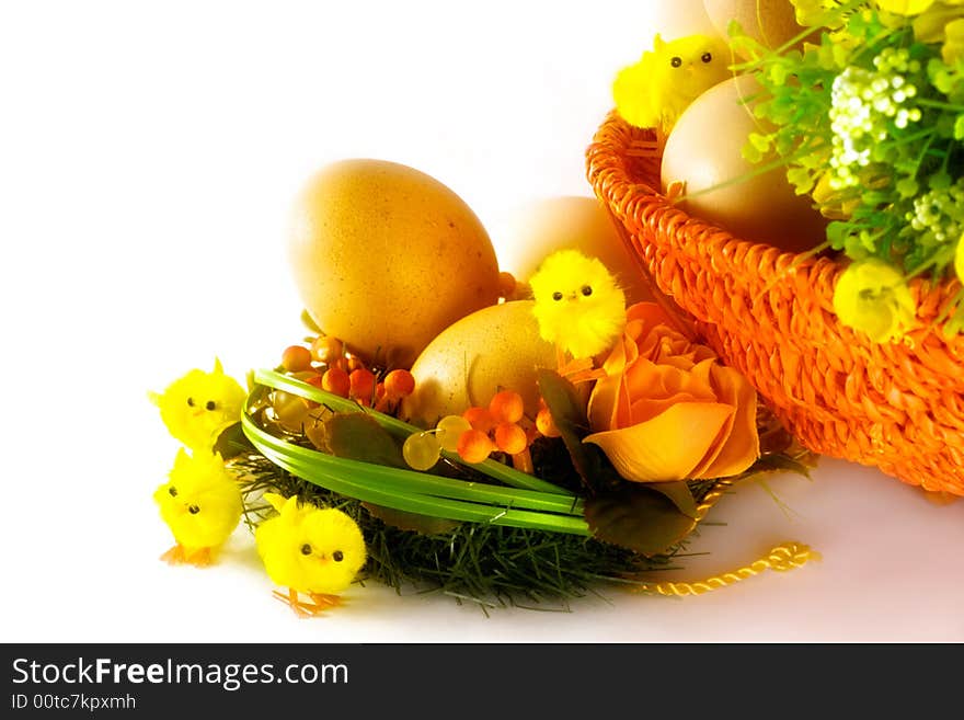 Cute little yellow chickens, eggs and flowers, on white background. Cute little yellow chickens, eggs and flowers, on white background