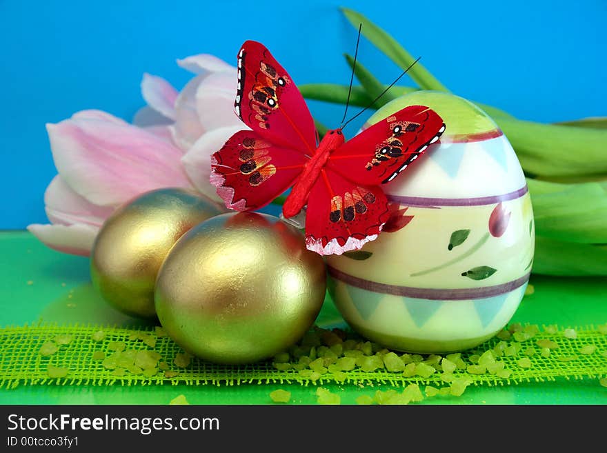 Colorful eggs, easter, red butterfly