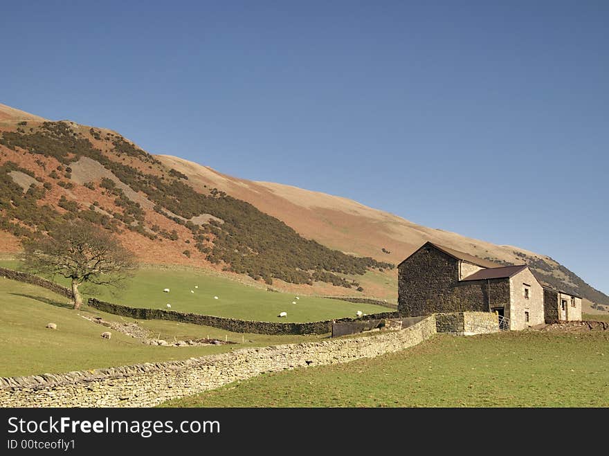 Dry stone wall and barn