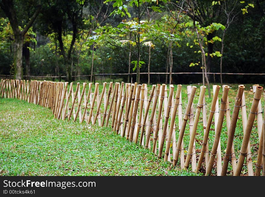 The fence made of bamboo on the green grass. The fence made of bamboo on the green grass