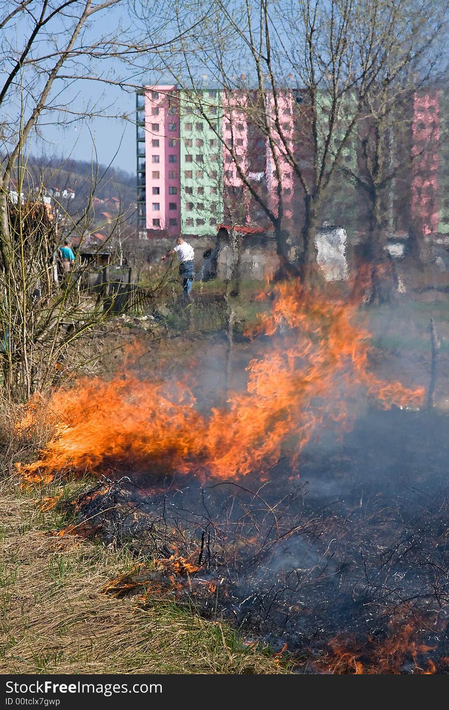 Fire burning at the edge of the buldings at the daylight