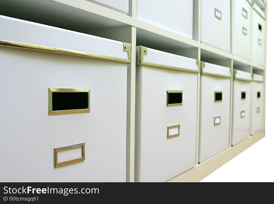 White boxes on the shelves