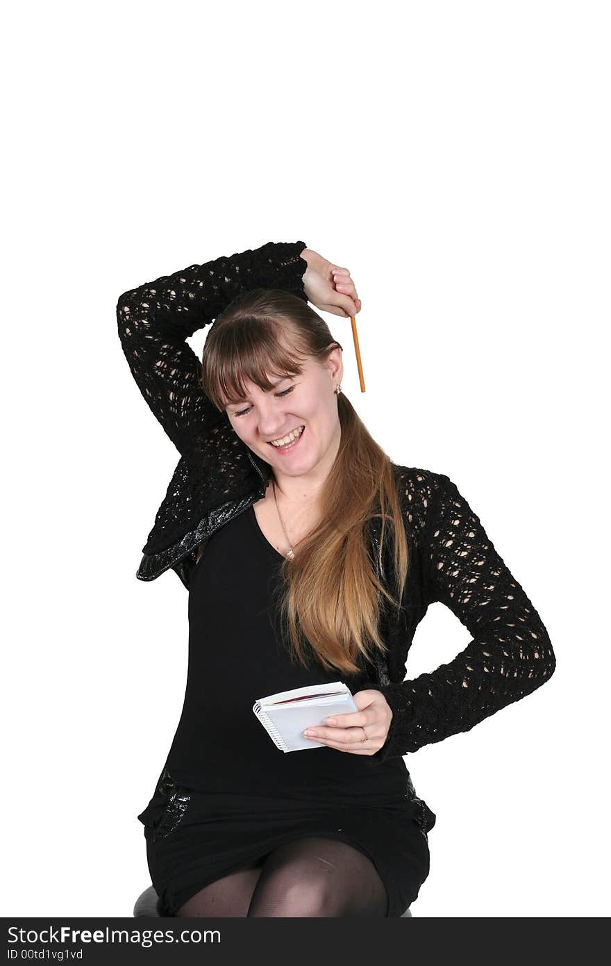 Girl with pencil and notebook, on white background