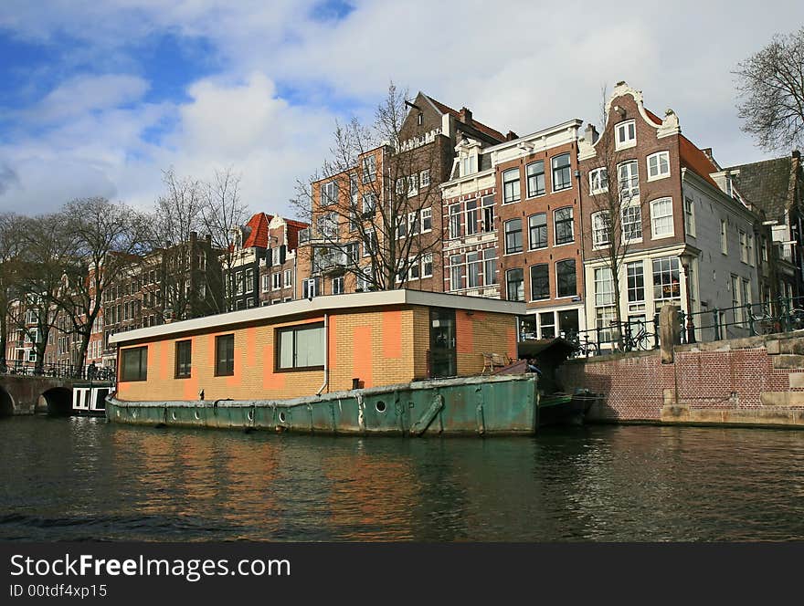 The scenery along the street and canal of Amsterdam