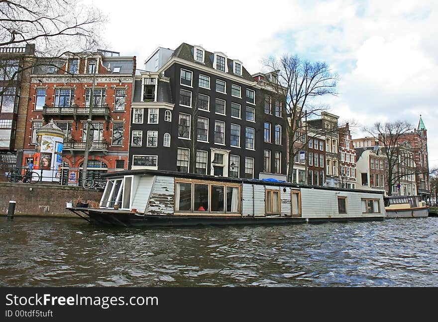 The scenery along the street and canal of Amsterdam