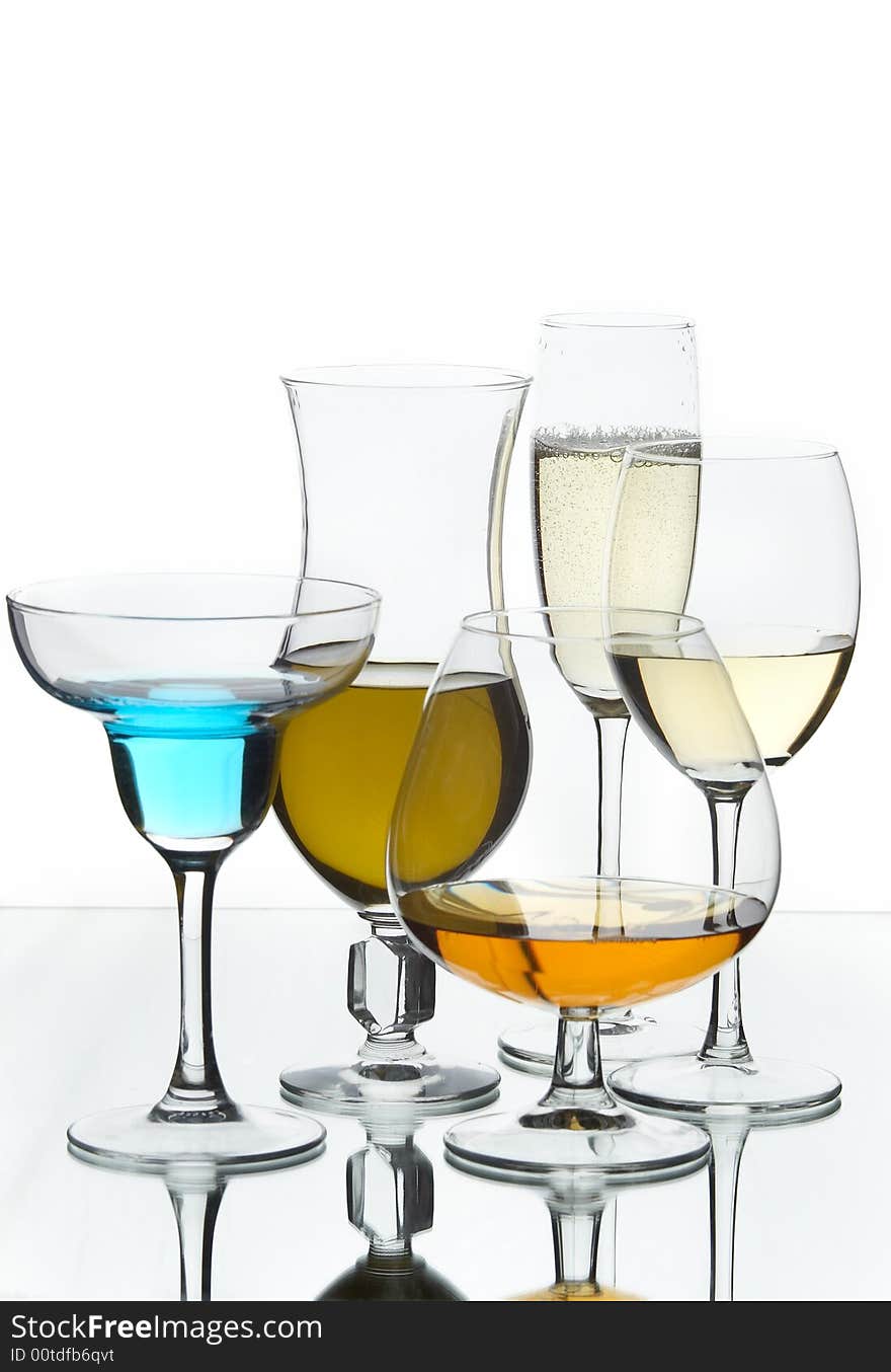 Still life with glasses with drink on the white background