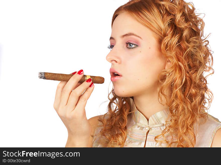 Blonde girl with cigar on white