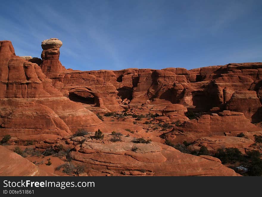 View of the red rock formations in Arches National Park with blue sky�s. View of the red rock formations in Arches National Park with blue sky�s