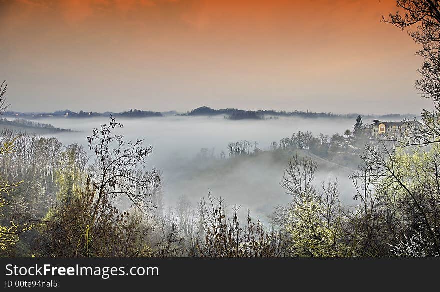 Foggy valley in the Italian region of Piedmont.