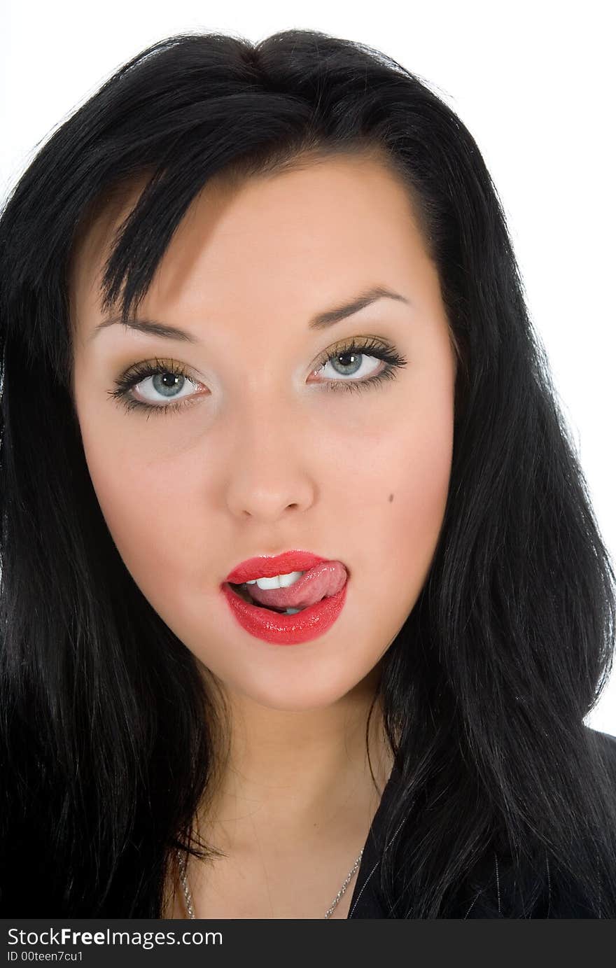 Portrait of the brunette with blue eye on white background